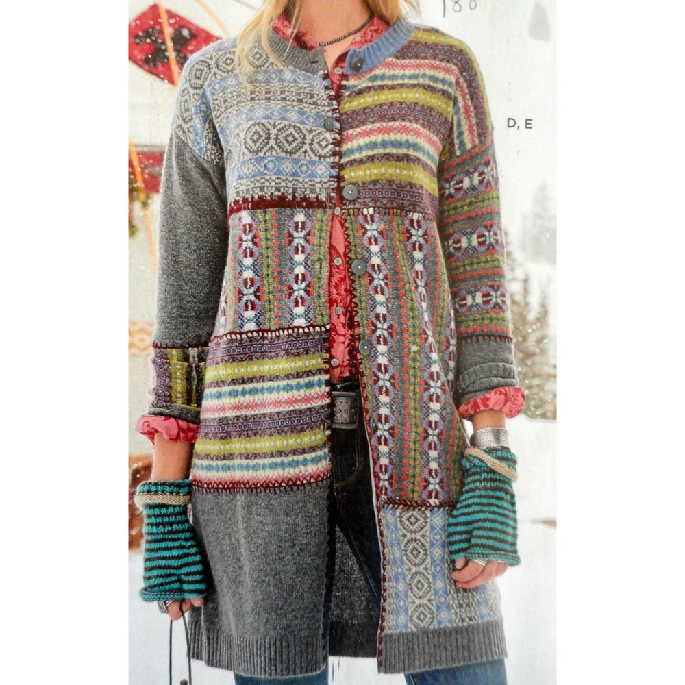 Sundance Merino Wool Fair Isle Patchwork Cardigan Sweater Gray Multi PS‎